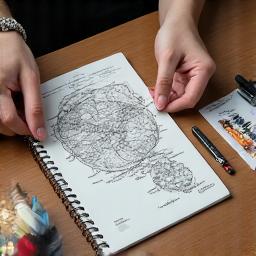Hands sketching out a travel plan on a notebook.